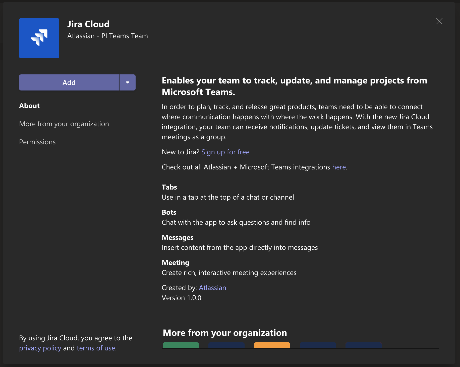 Details of the Jira Cloud app in Microsoft Teams