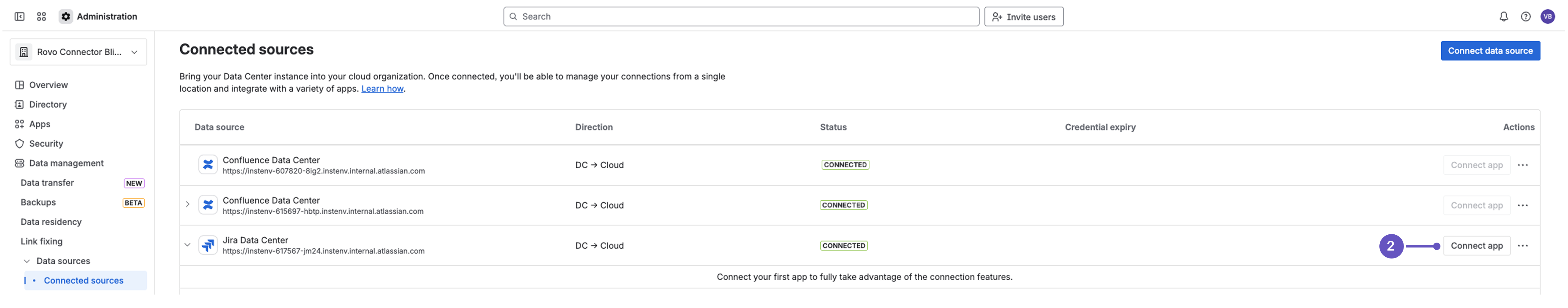 Connected sources page in Atlassian admin with Connect app option