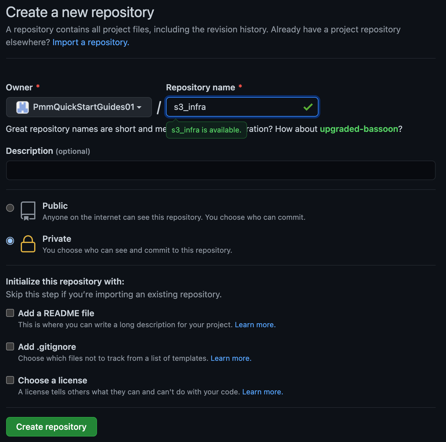 screenshot of creating repository "s3_infra" in github