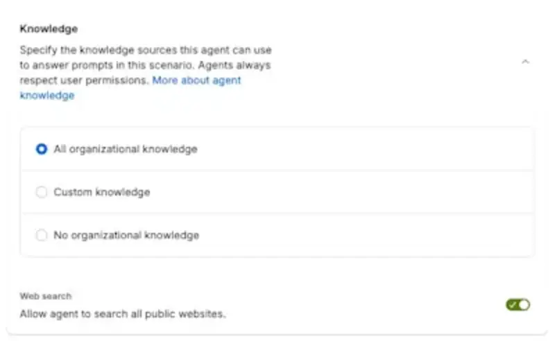 Web search is toggled on below 3 knowledge options: All organizational (selected), Custom, and No organizational knowledge
