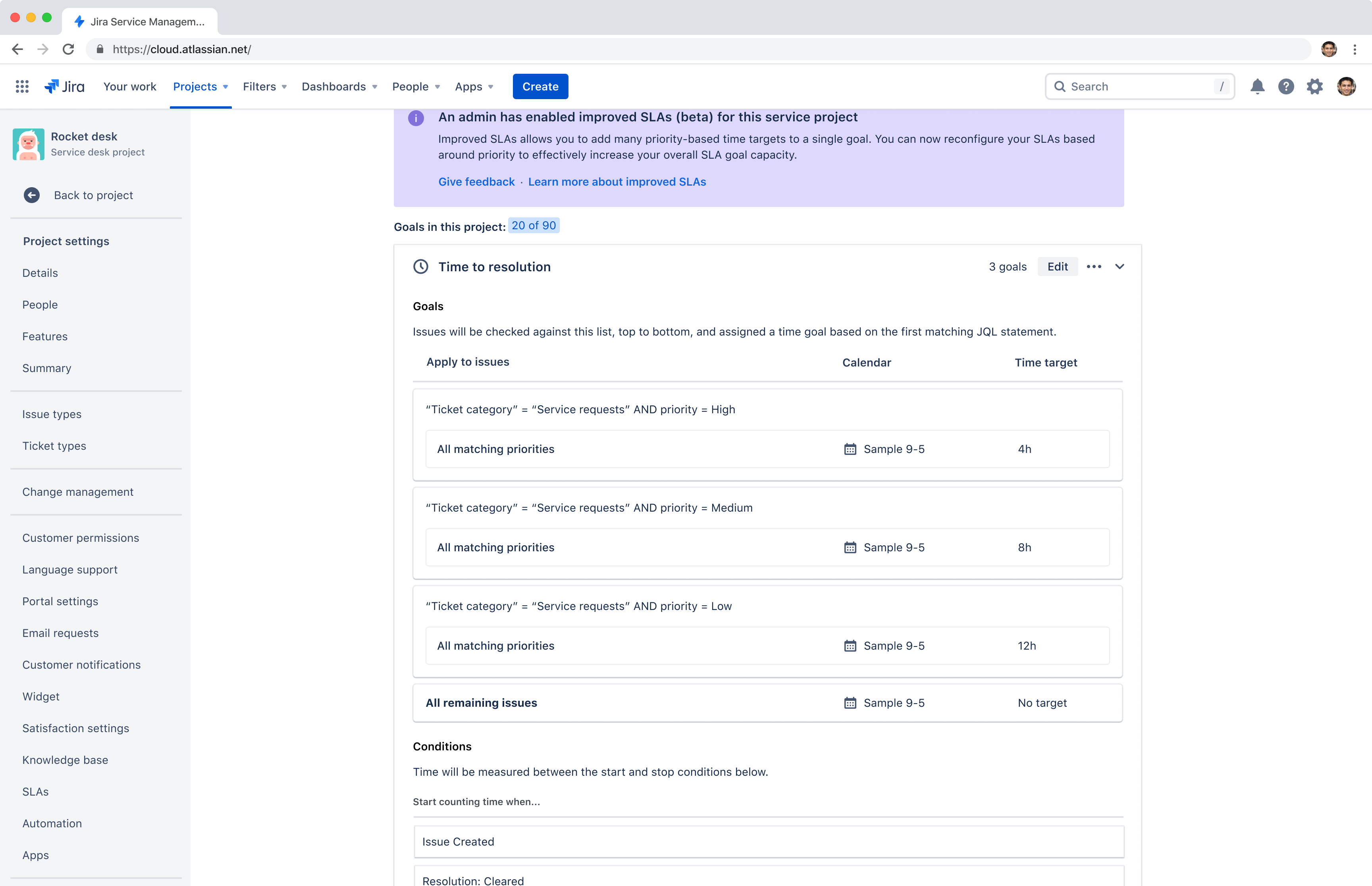 An example of how existing SLAs might look with improved SLAs turned on. Each goal has "All matching priorities" added to it,