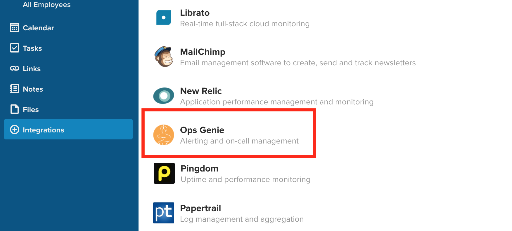 RingCentral Glip で Opsgenie 統合を選択