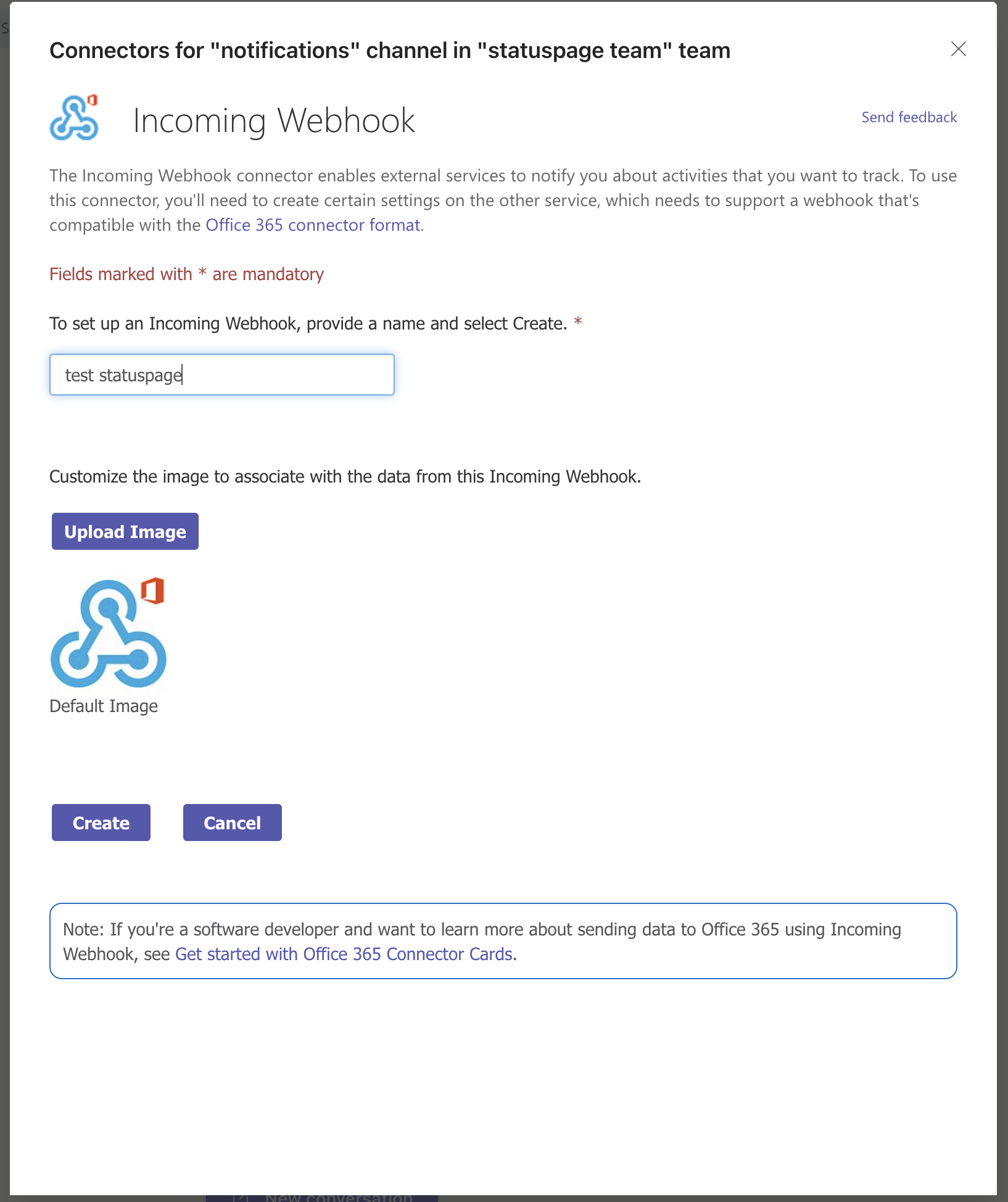 The configuration screen for incoming web hooks in Microsoft Teams with a name configured of "test statuspage."