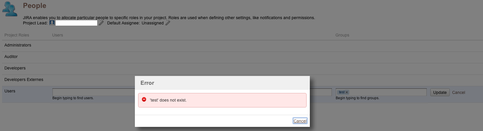 Error message with forbidden sign and message "test does not exist."