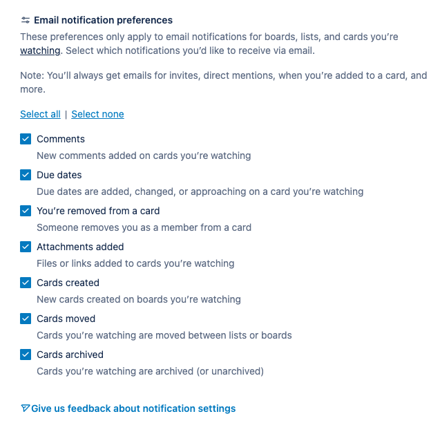 Trello email notification settings 