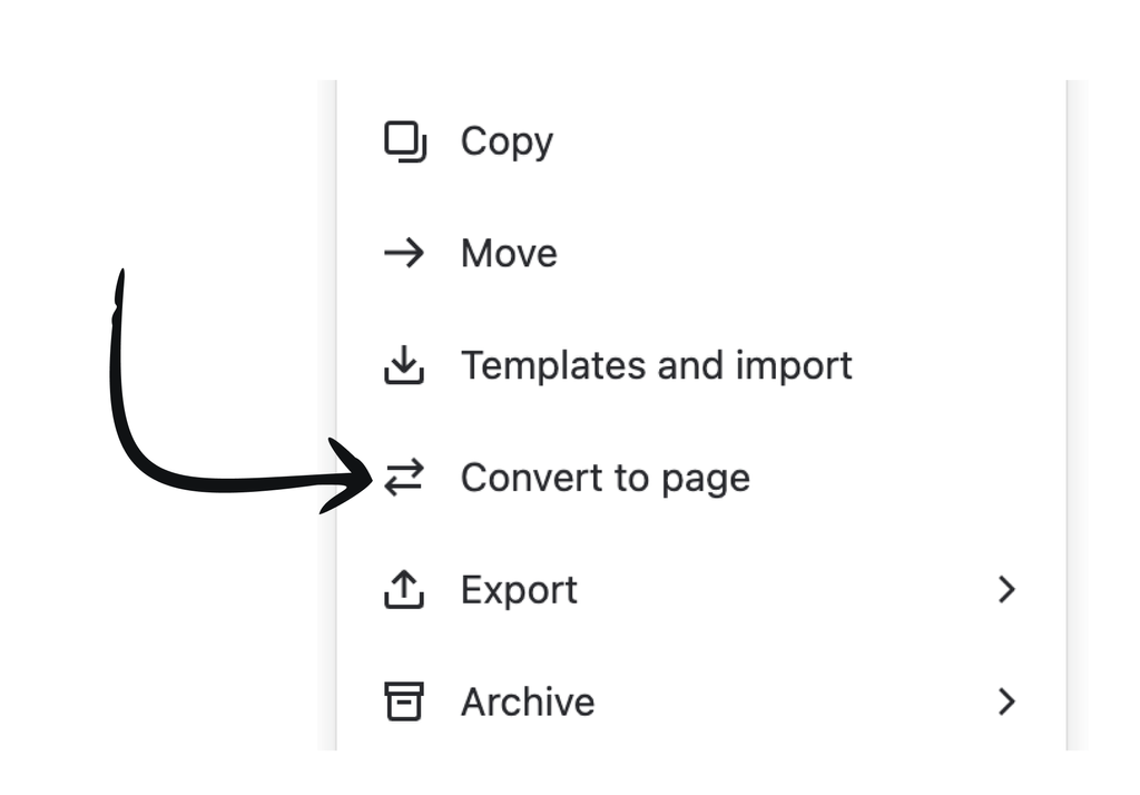 A view of the convert to page entry point from the More actions menu on a live doc.