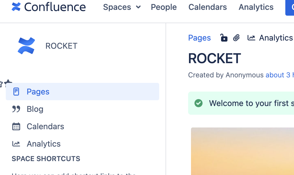 Confluence page with expanded side-bar, the "Add to my space" star is partially covered by the "Pages" entry