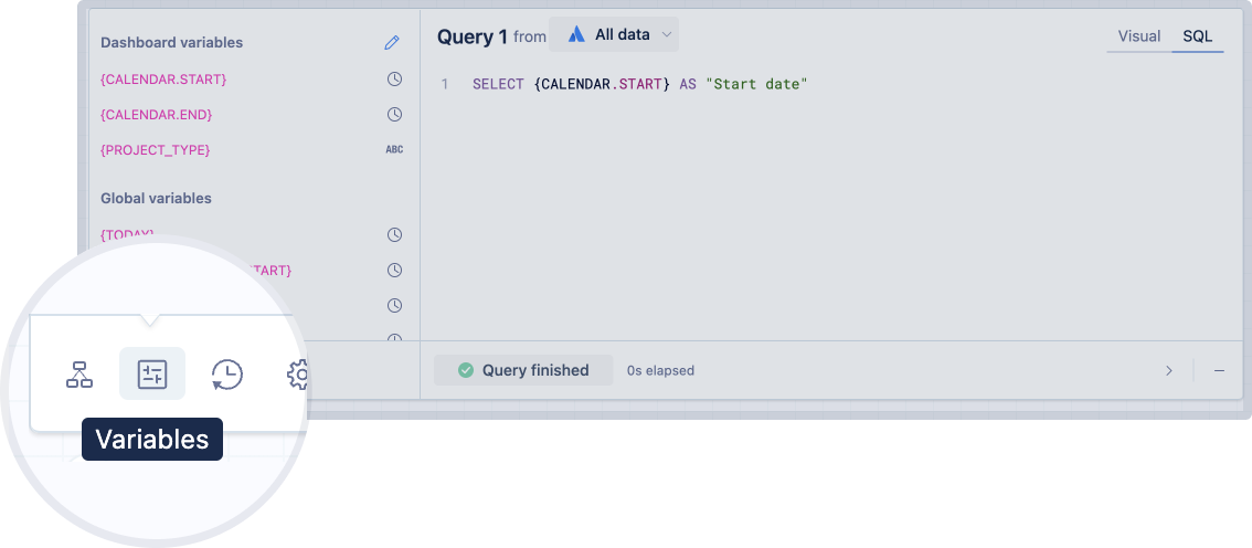 SQL モード クエリの [Variables] タブ。