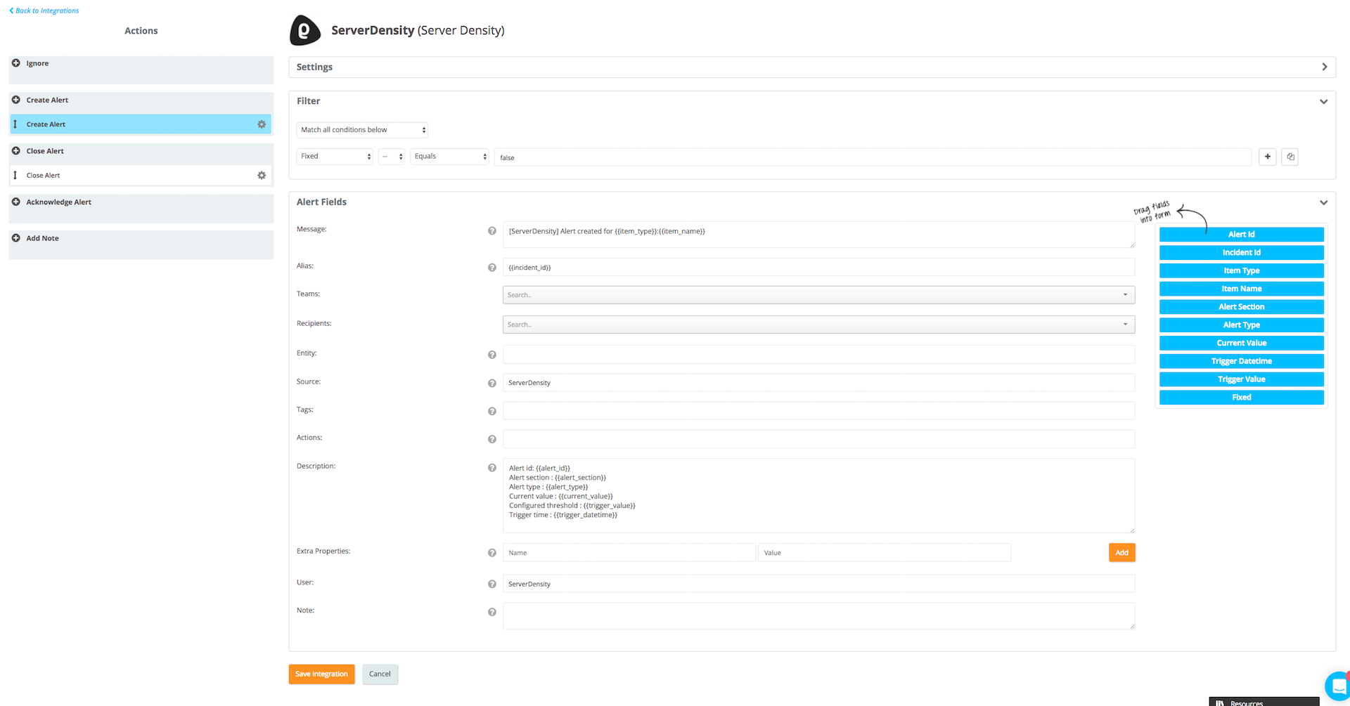 Server Density action fields