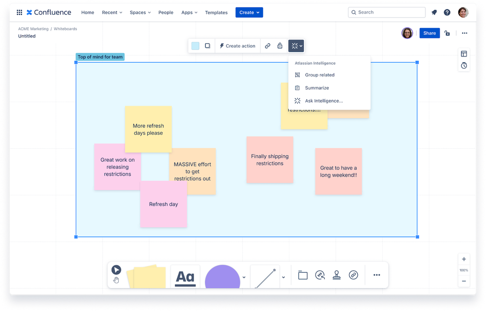 A whiteboard with the AI menu open, showing three options: "Group related," "Summarize," and "Ask Intelligence..."