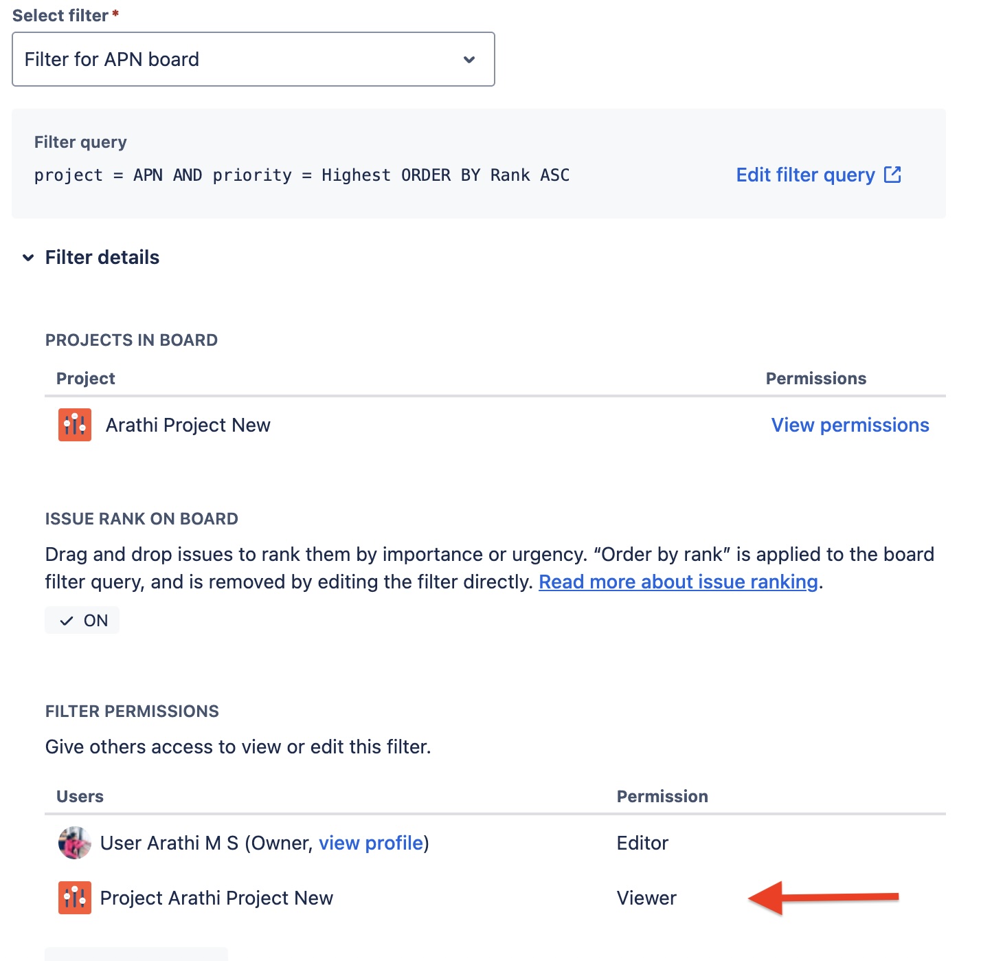Single project share listed in the correct location for a Viewer share.