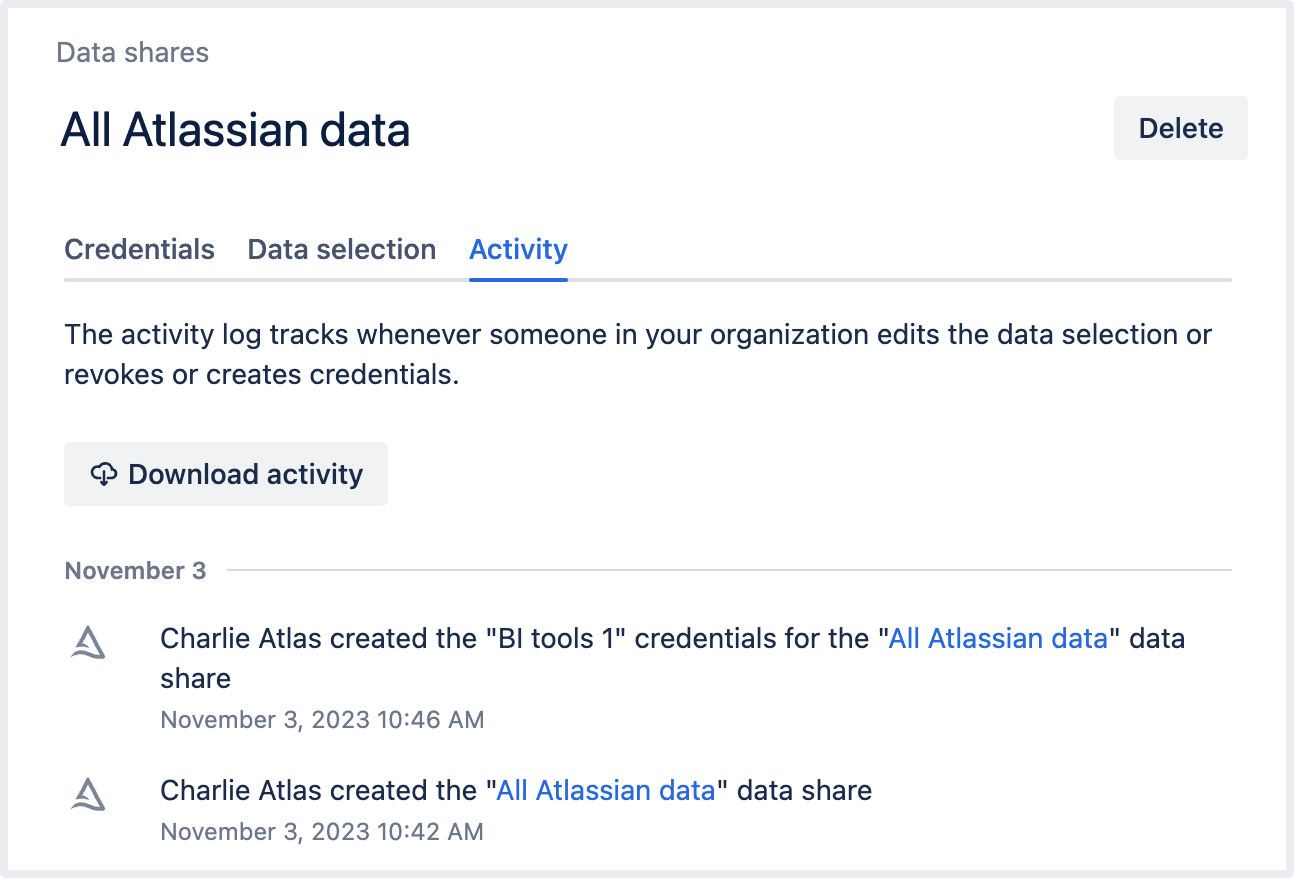 「All Atlassian data」という名前のデータ共有のアクティビティ ログ。