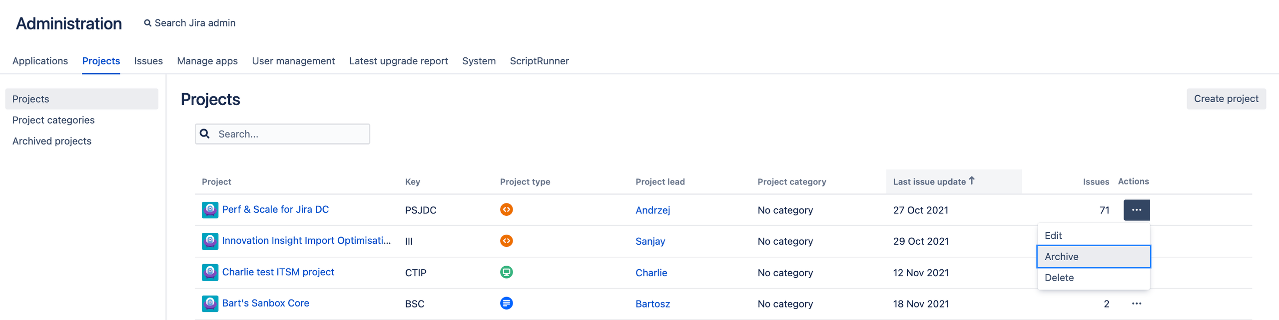 Archive project option shown in the menu.