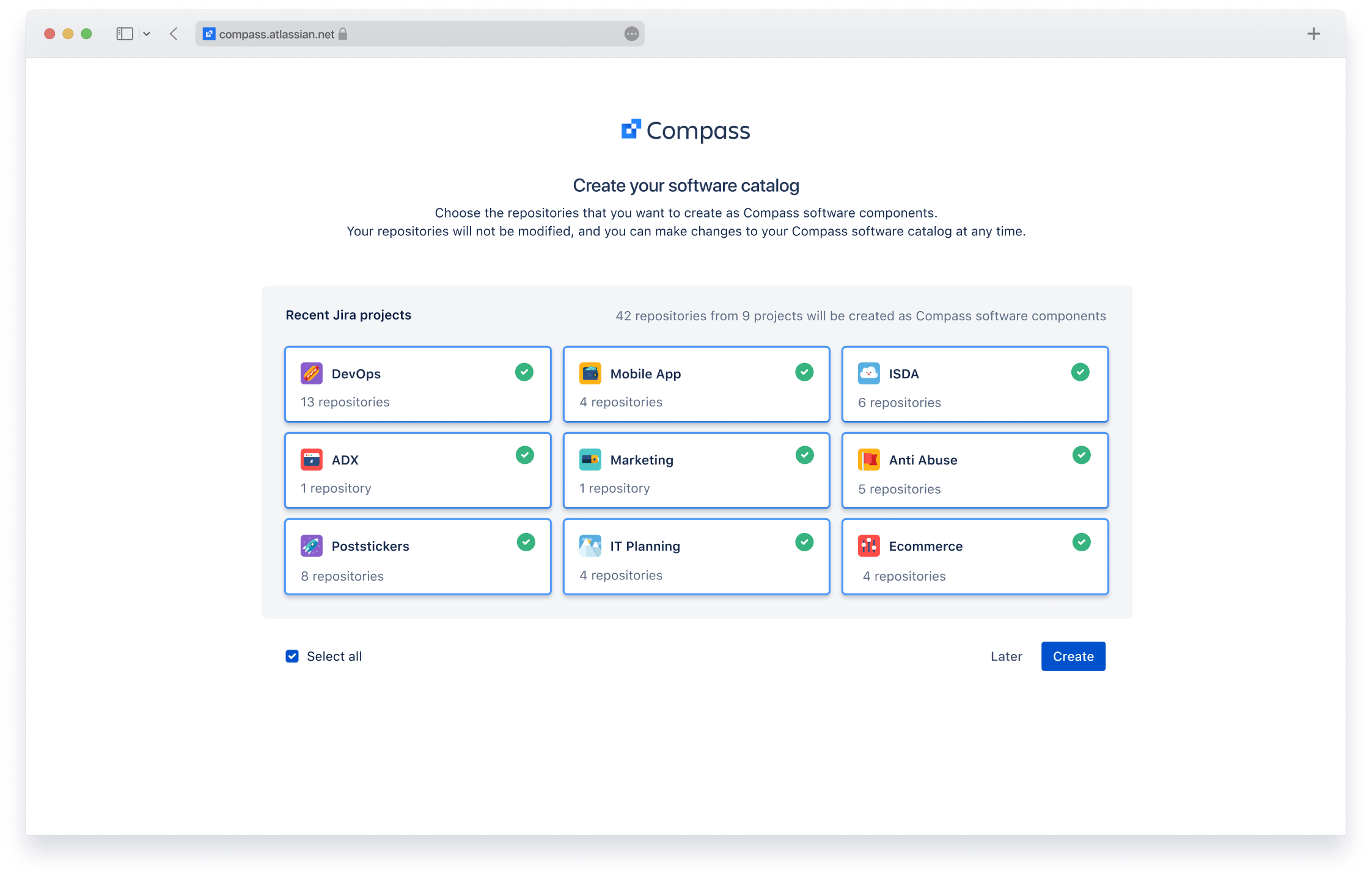 The project selection screen when creating components from repositories linked to Jira.