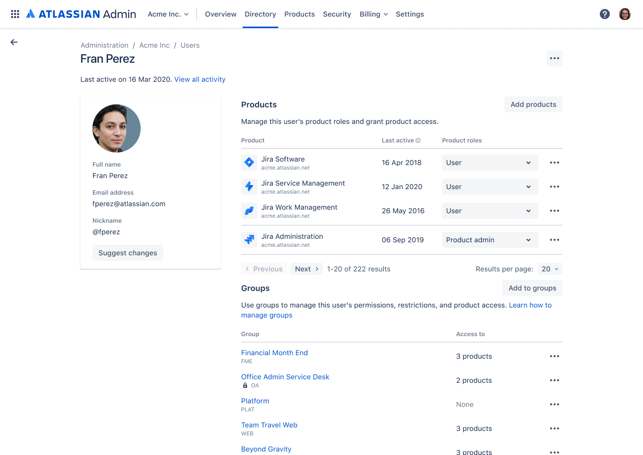 User profile page, with the product admin role for Jira Administration