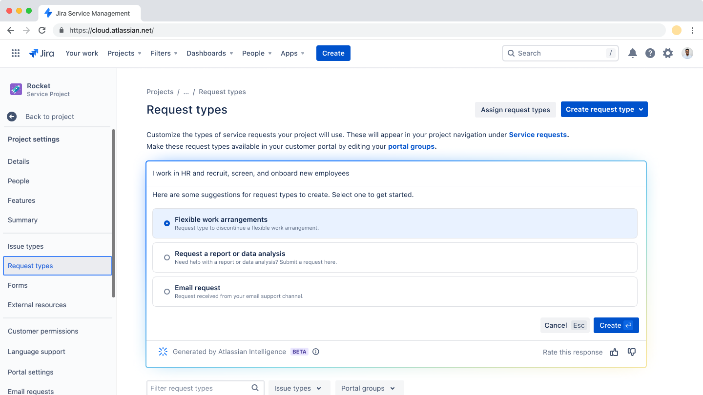 Using Atlassian Intelligence to suggest request types in Jira Service Management.