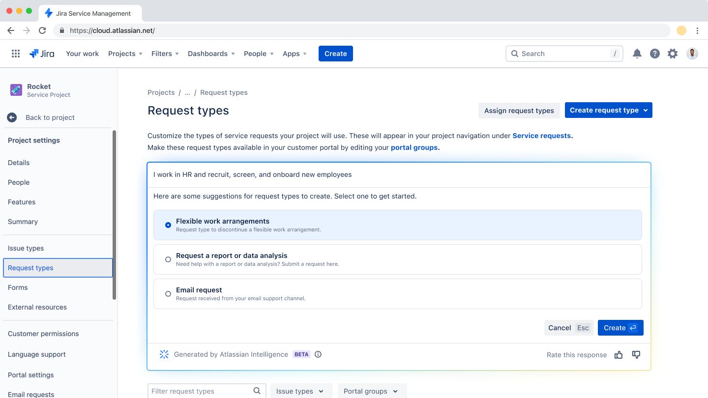 Jira Service Management での Atlassian Intelligence を使用したリクエスト タイプの提案。