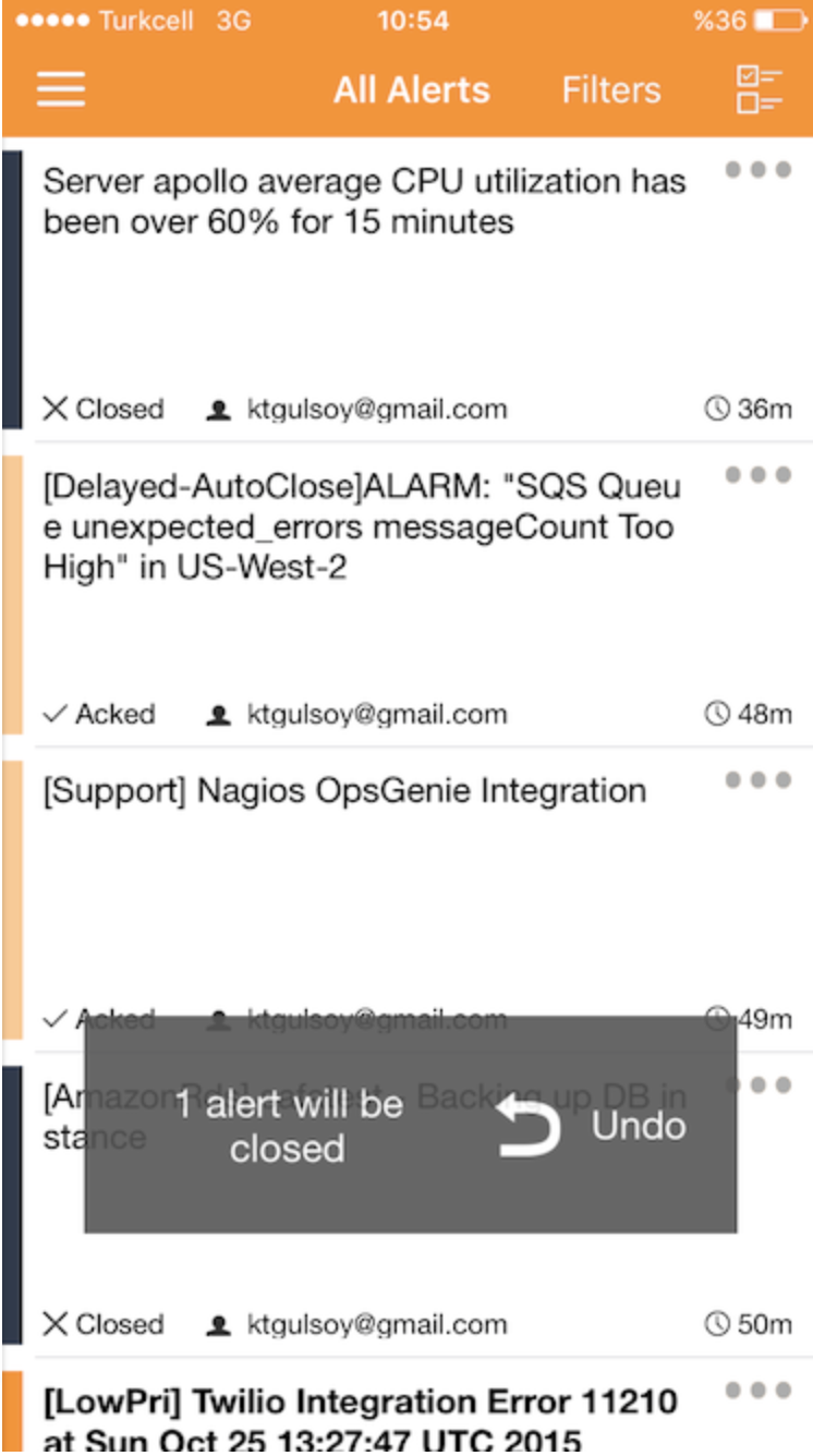 A screenshot showing undoing an action in Opsgenie's Blackberry app.