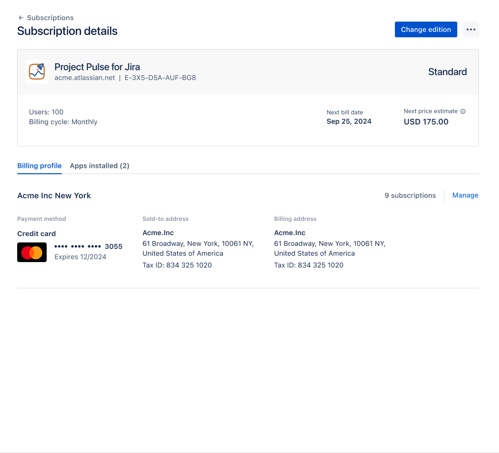 Subscription details screen showing option to change edition
