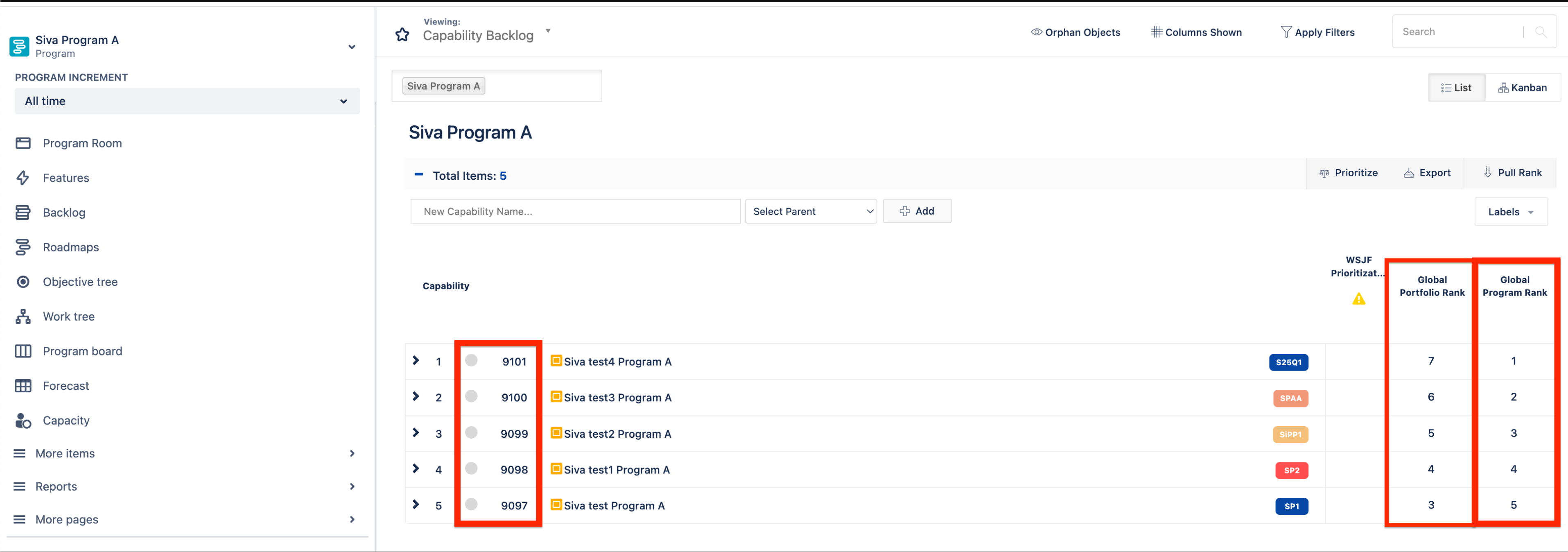 The portfolio backlog displays Global Program rank and Global Portfolio rank