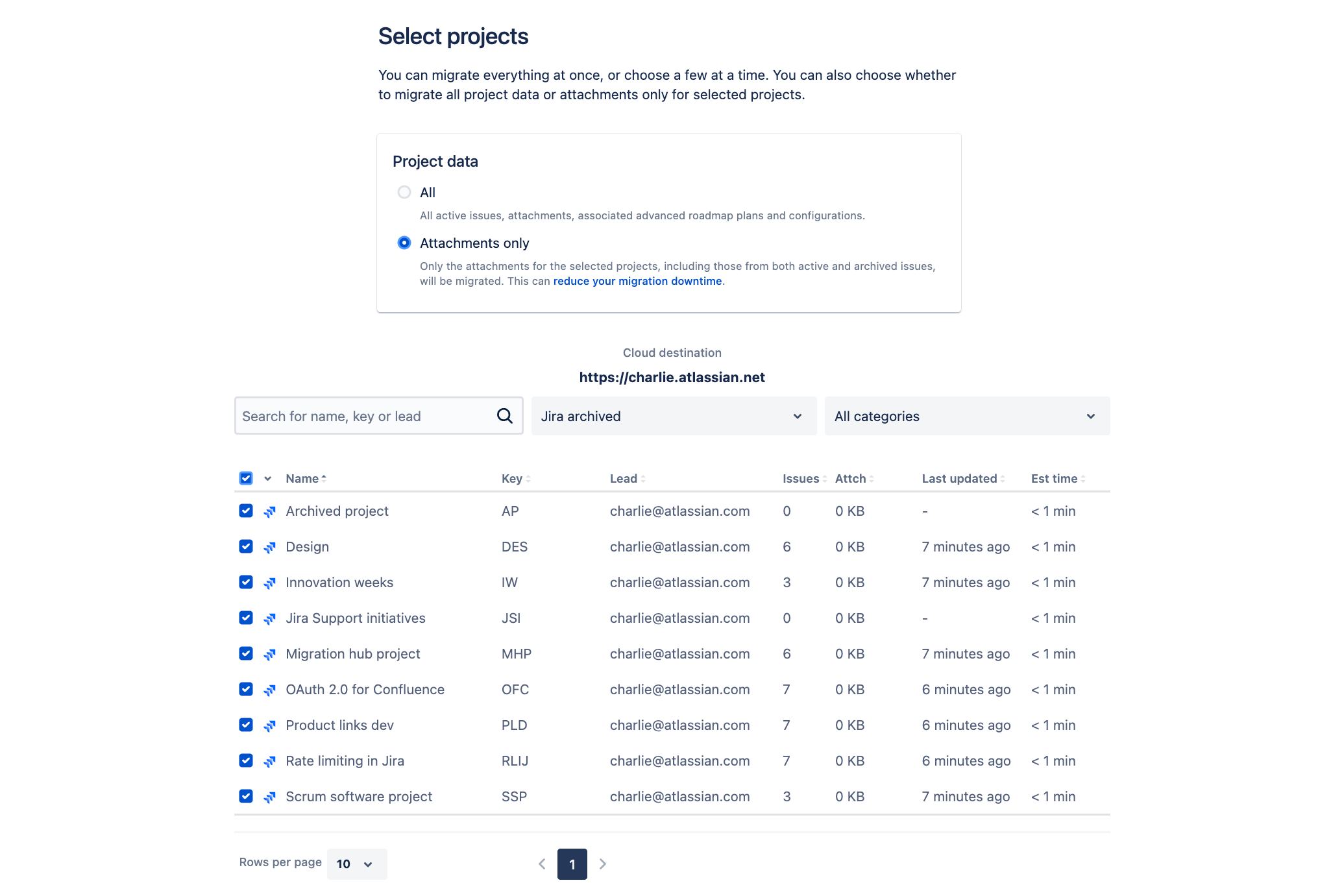Selecting the Attachments only option in Jira Cloud Migration Assistant.