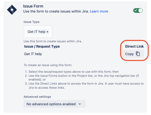 Issue form that is enabled and displaying Direct Link copy function