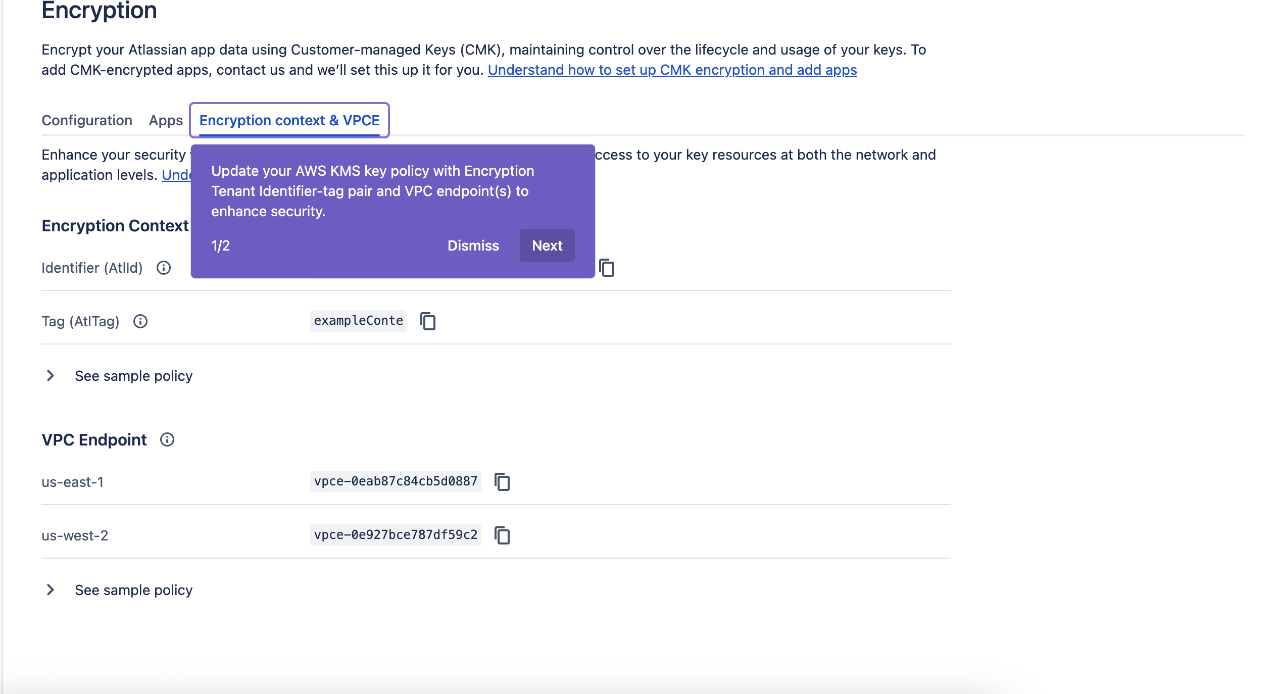 VPCE and Encryption context tag tab with details that can be copied