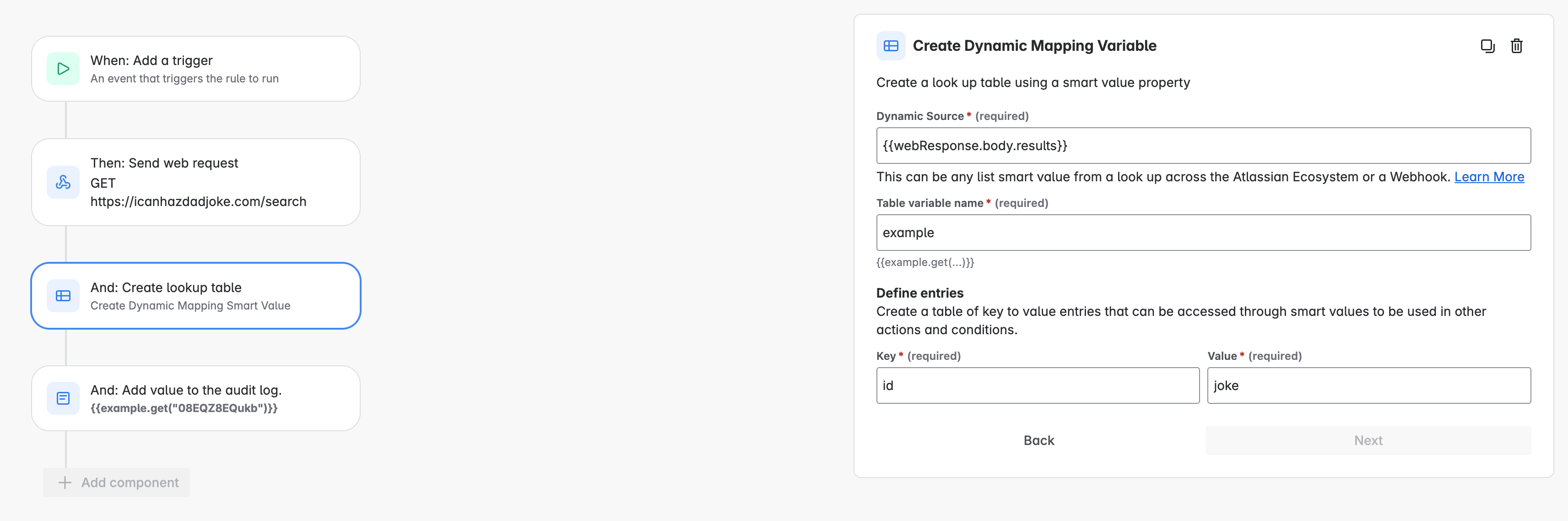 Screenshot of Create Dynamic Mapping Variable action - key is 'id' and value is 'joke'