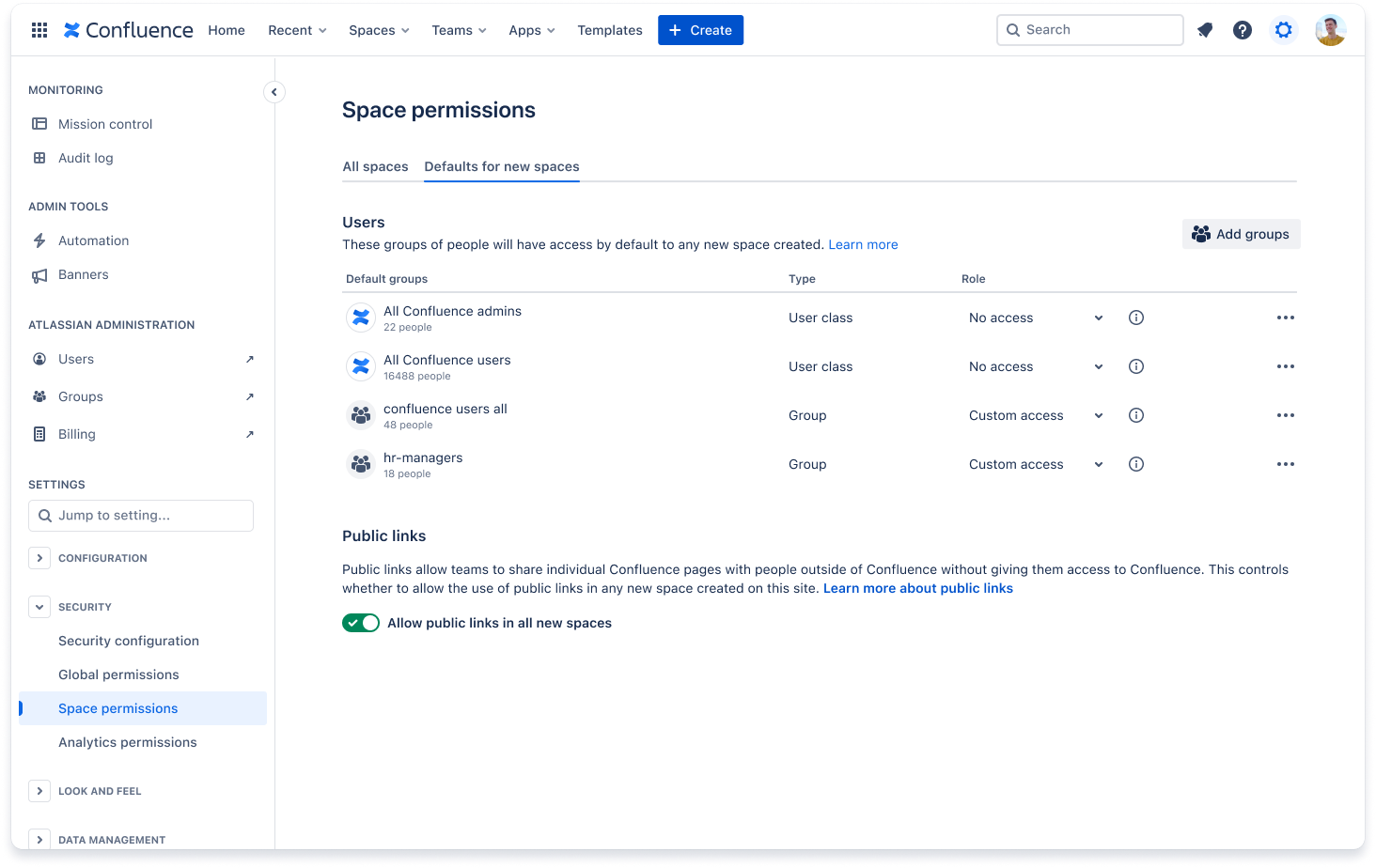 A screen showing the UI for where you can manage defaults for new spaces