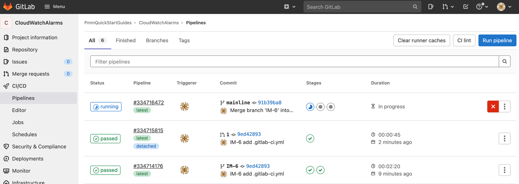 screenshot of running production pipeline in gitlab