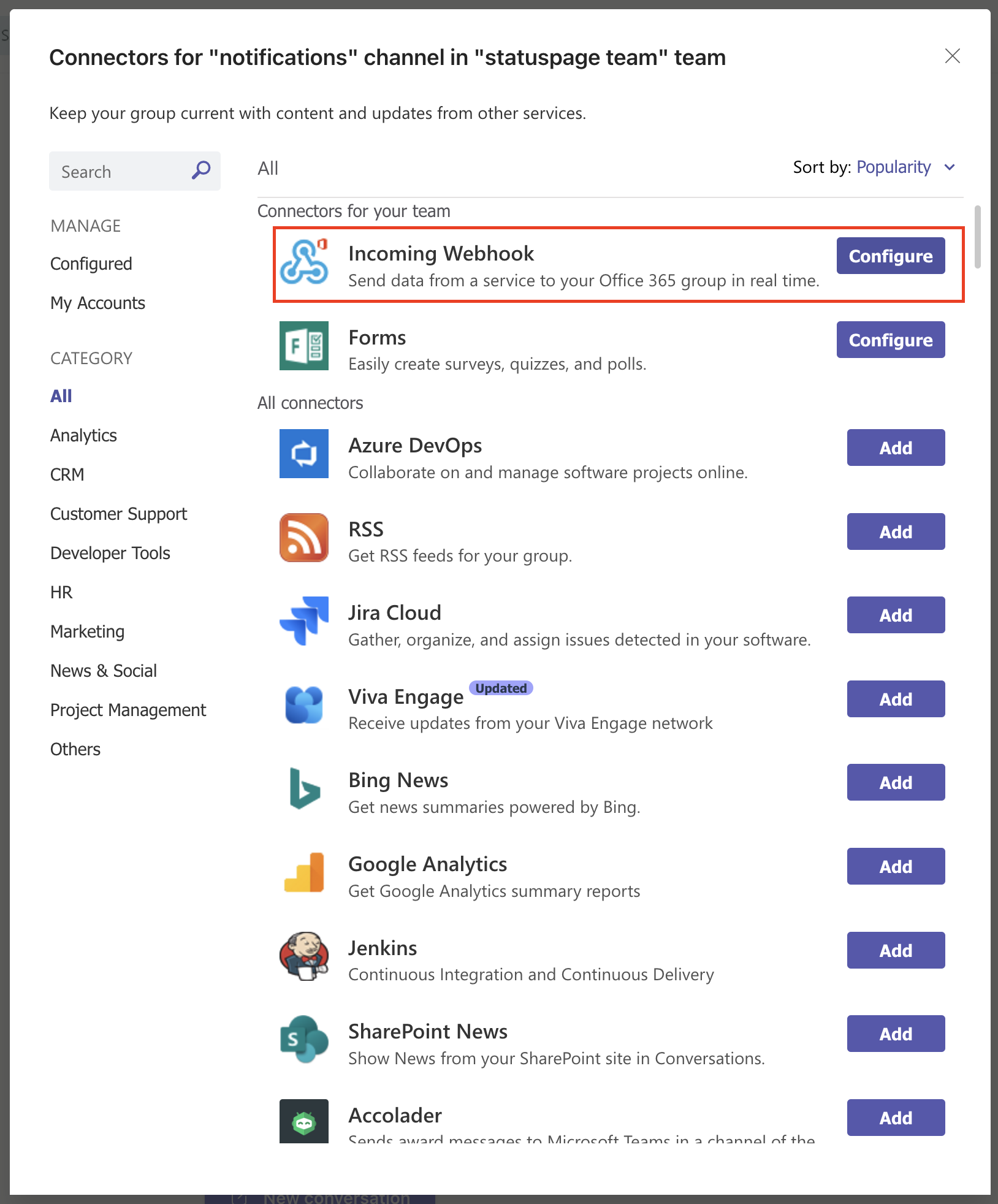 Microsoft Teams dialog showing connectors with incoming webhook at the top and a Configure button to the right.