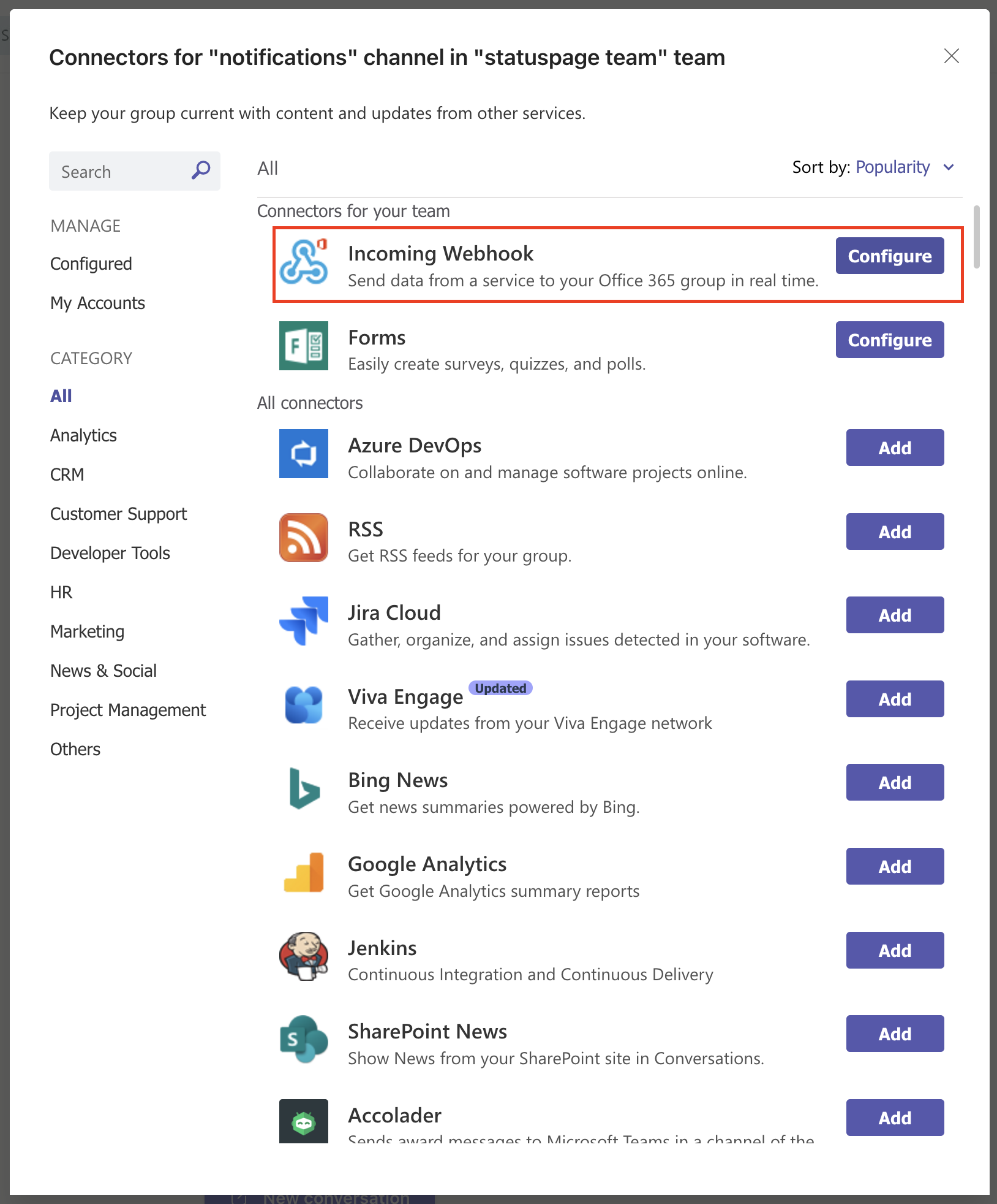 Microsoft Teams のダイアログで、上部に受信 Webhook、右側に [設定] ボタンが配置されたコネクタが表示されています。