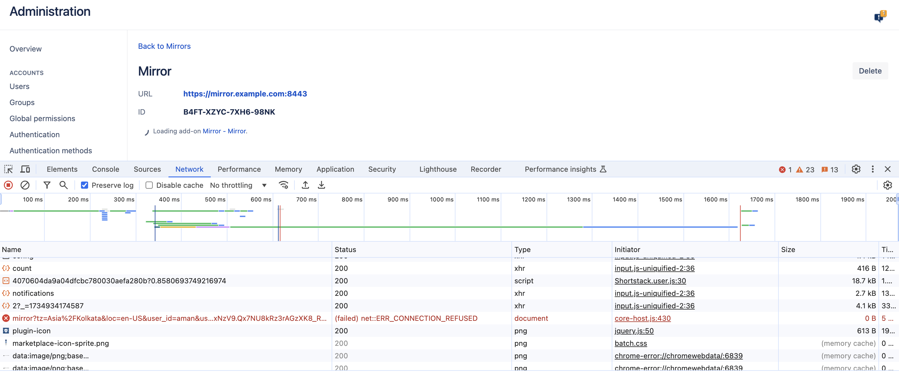Network tab in browser's developer tools, the request to the /plugins/servlet/admin/mirror endpoint shows a status of "(failed)net::ERR_CONNECTION_REFUSED"