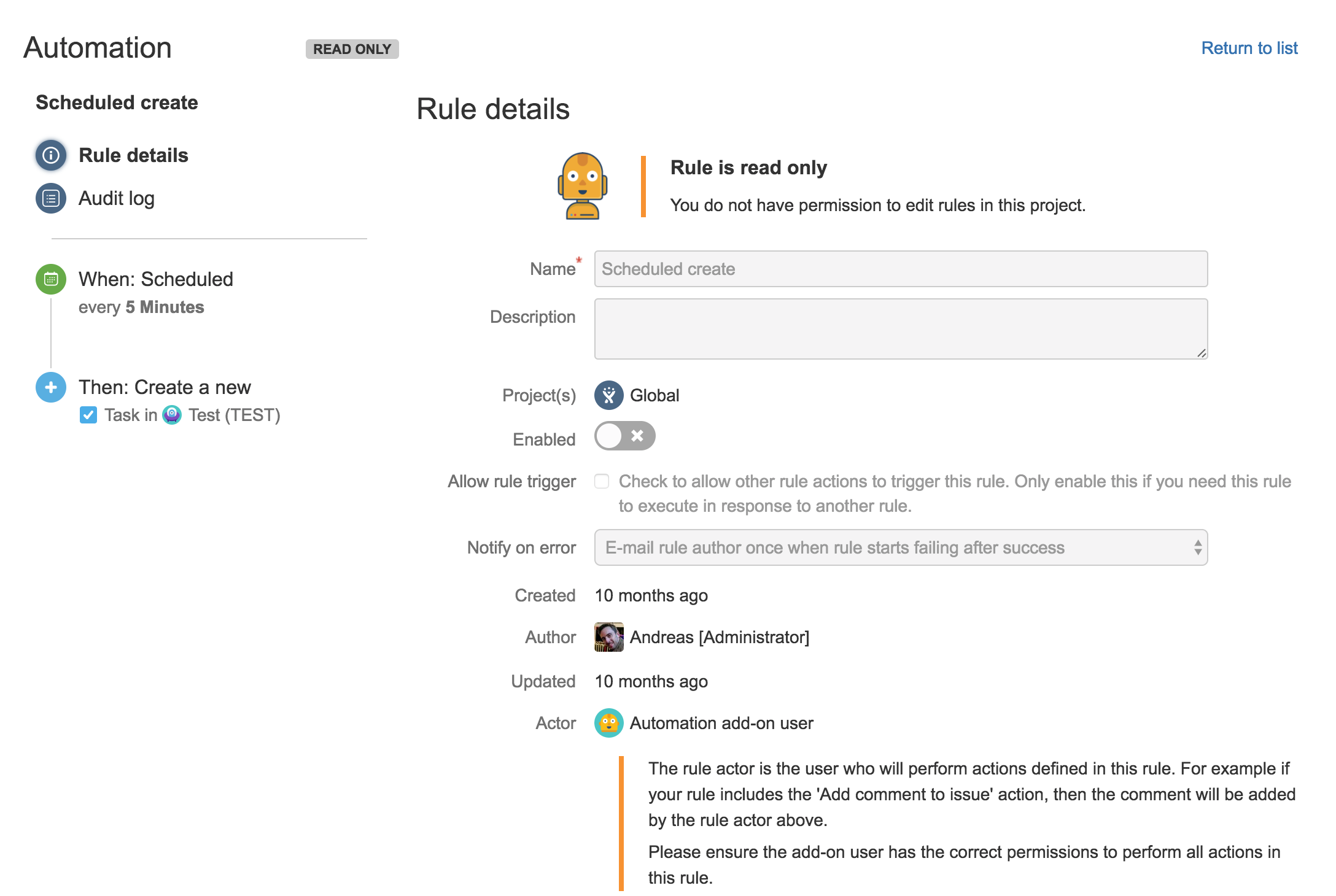 Read-only permission for automation rule