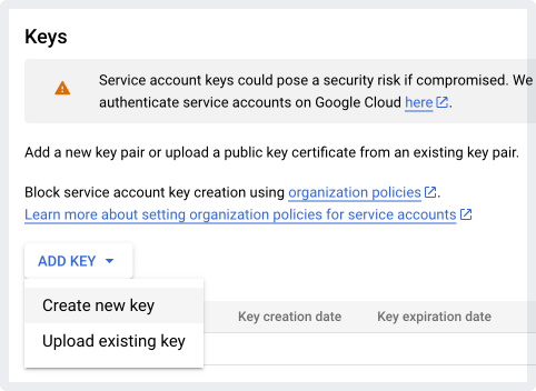 "Create new key" option in the "Add key" menu