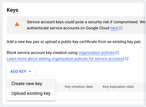 [Add key (キーを追加)] メニューにある [Create new key (新しいキーを作成)] オプション