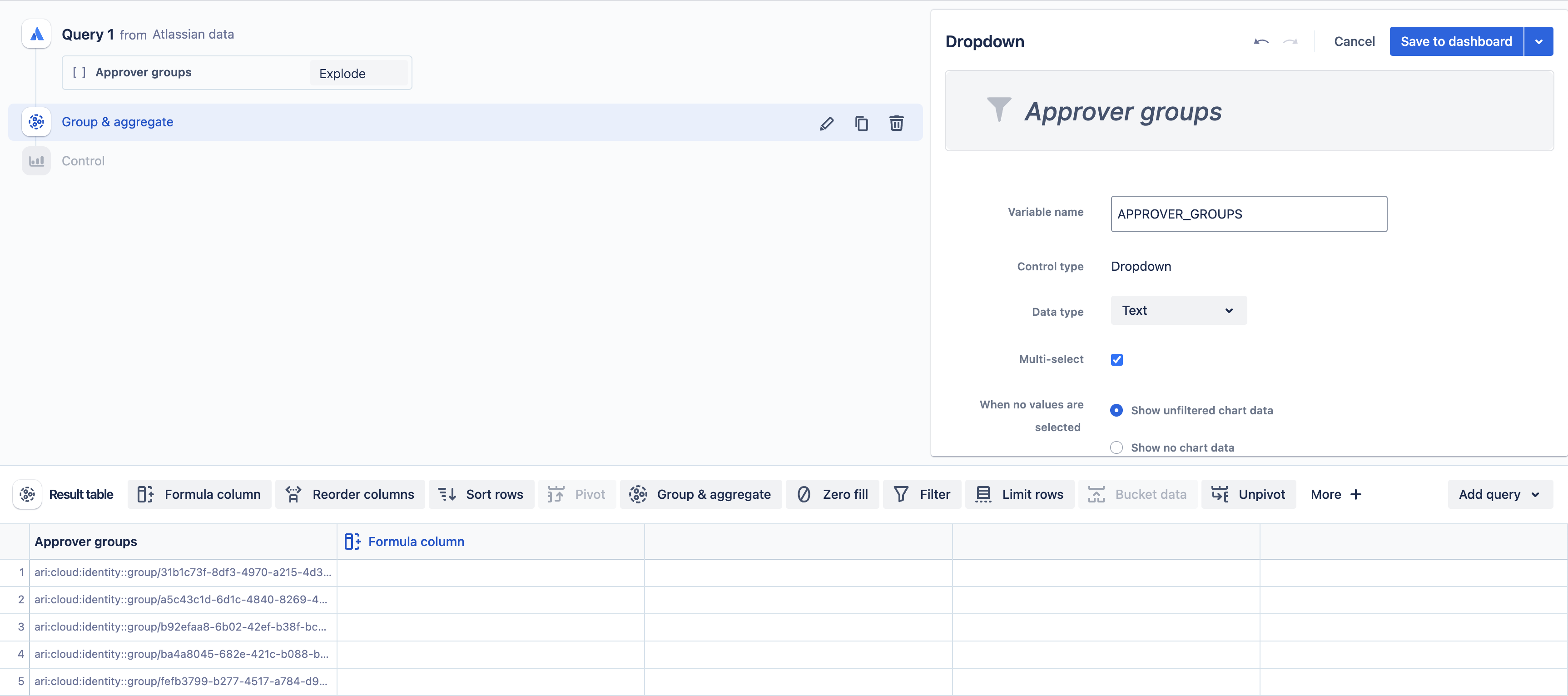 Example array “Dropdown” control created with a visual mode query