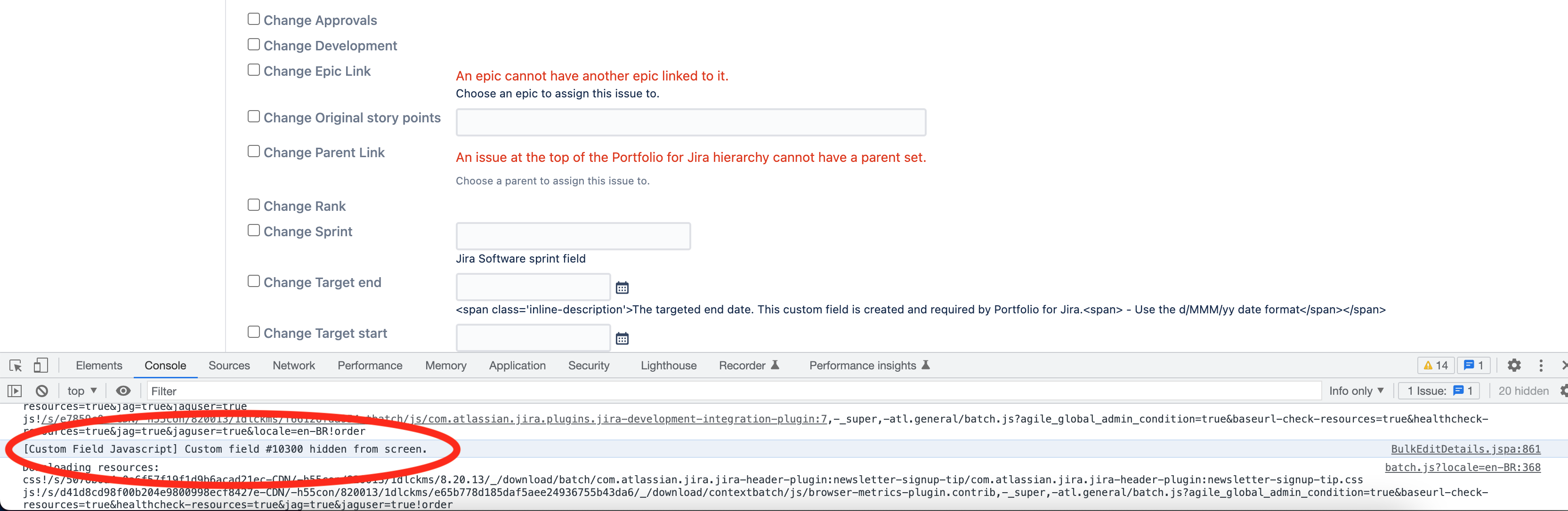 Order ID no longer present on bulk edit screen and console log identifying that this is custom behaviour