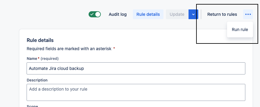 On the Jira automation "Rule details" page, there is a "Run rule" option in the ... menu