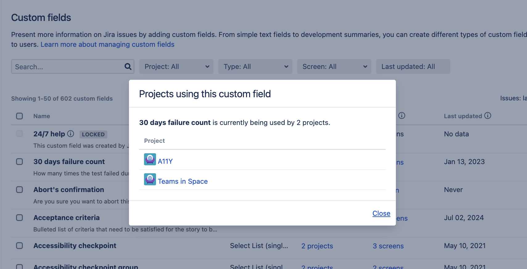 List of projects using a specific custom field.