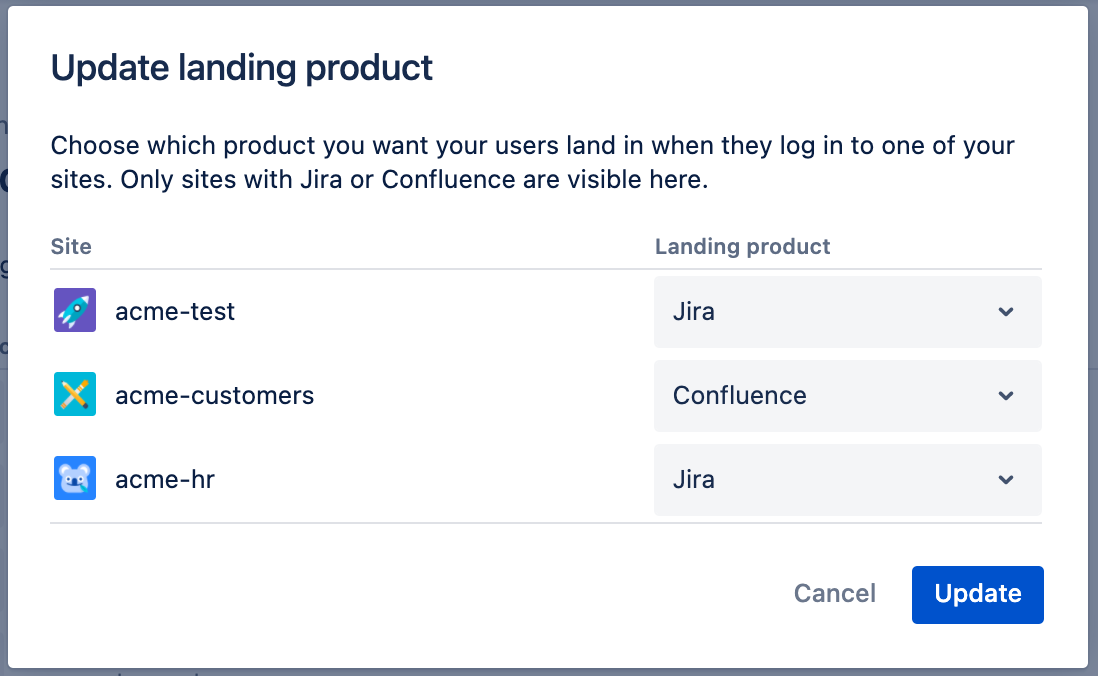 A screen for you to choose the landing products for each site