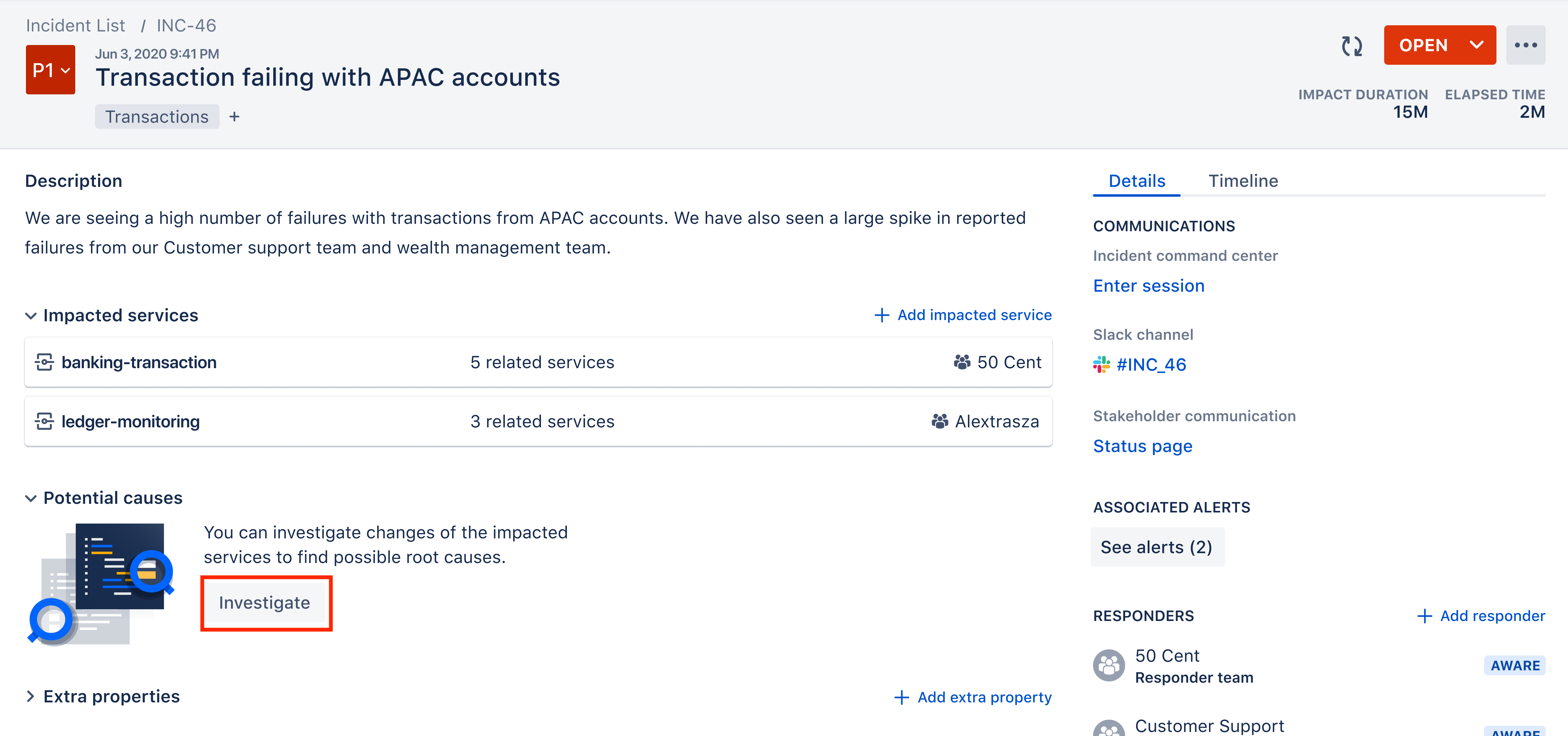 A screenshot that shows how to investigate an incident in Opsgenie