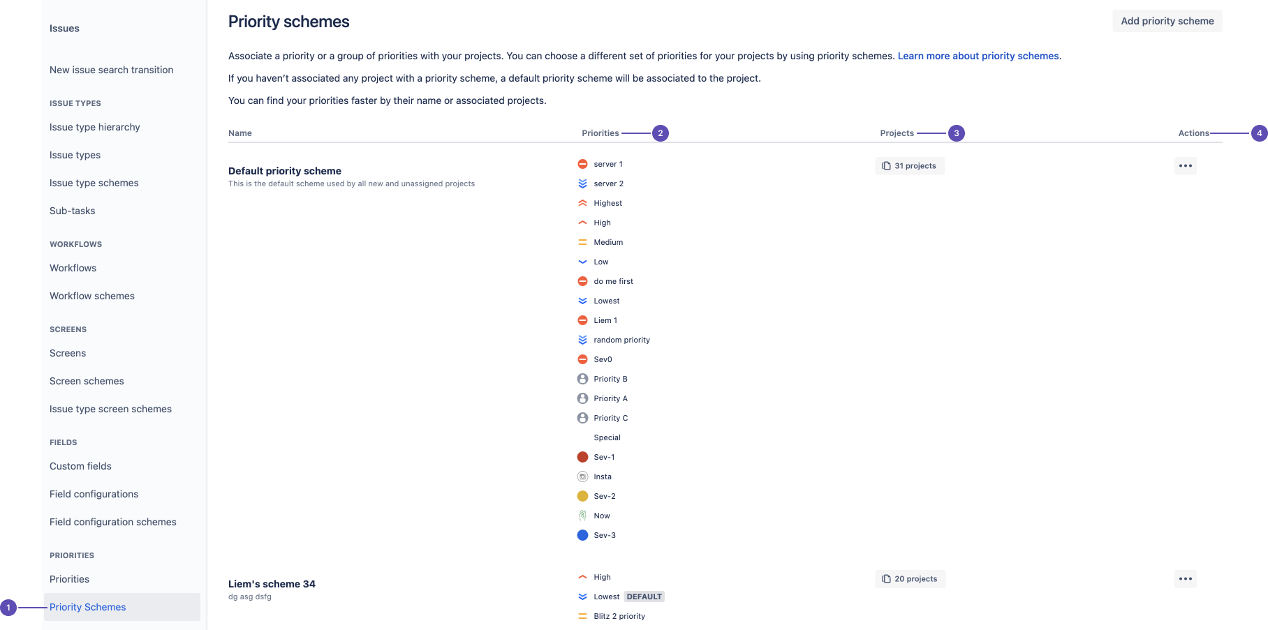 Priority schemes with labels for priority schemes, priorities, projects, and actions