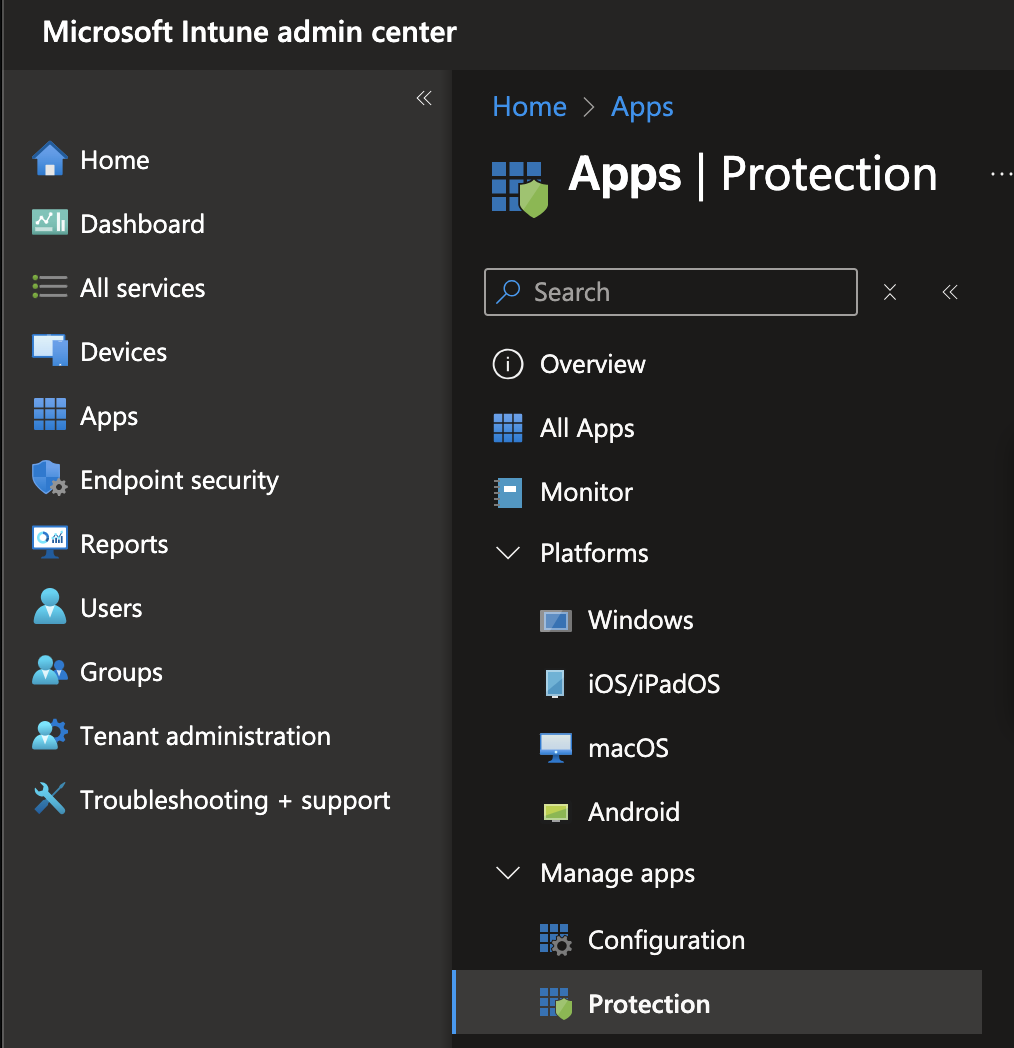 Microsoft Intune admin center showing the Apps Protection section with Protection highlighted under Manage apps.