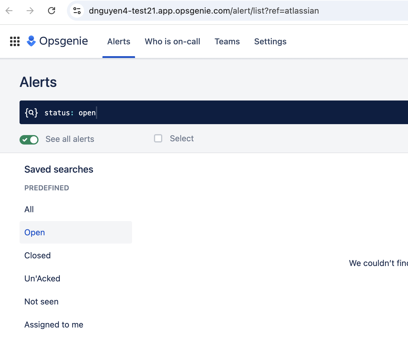 Opsgenie Alerts page showing the browser address bar. In the browser address bar, the URL for Opsgenie can be found