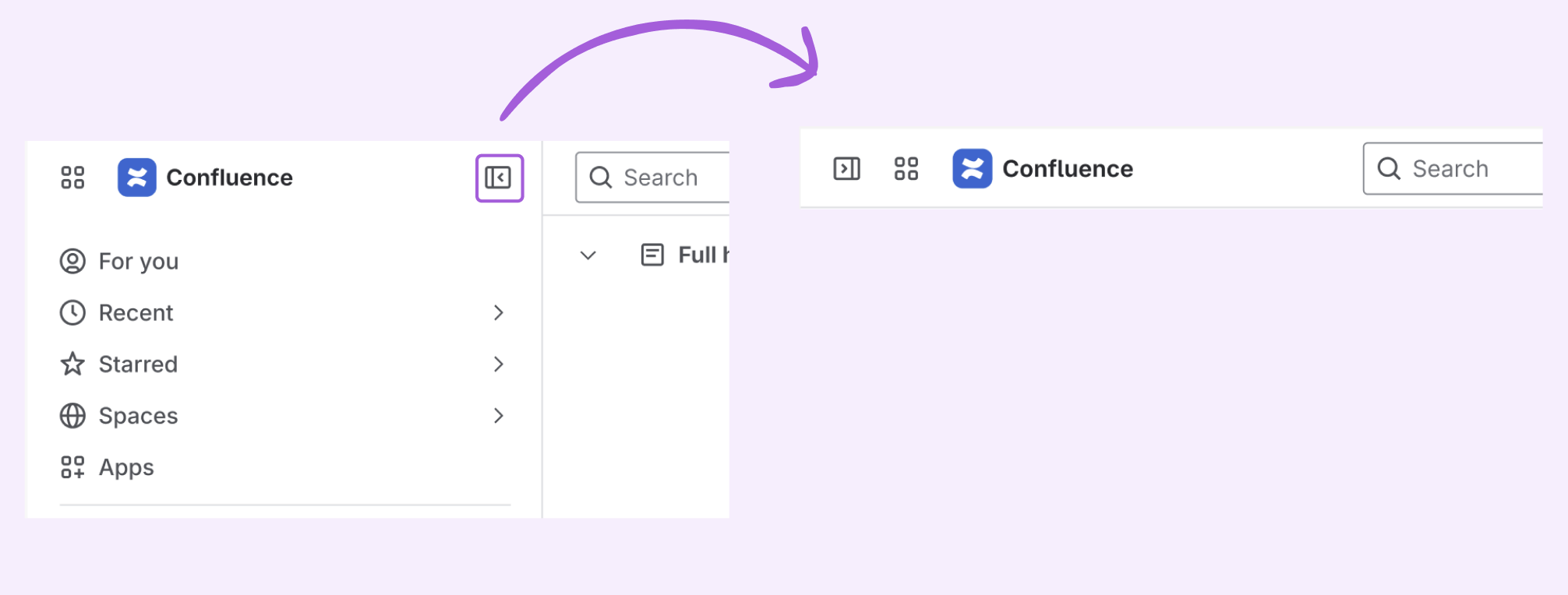 Location of full height sidebar icon in Confluence 