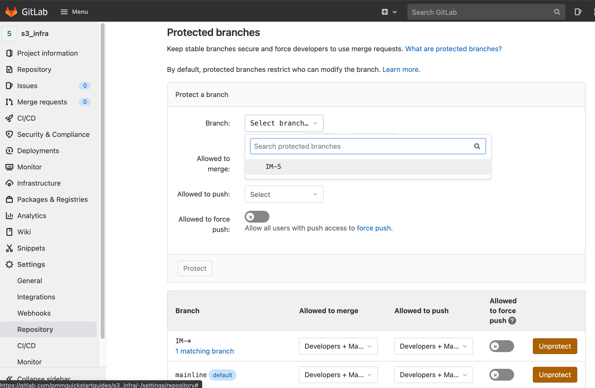 screenshot of protected branches in gitlab