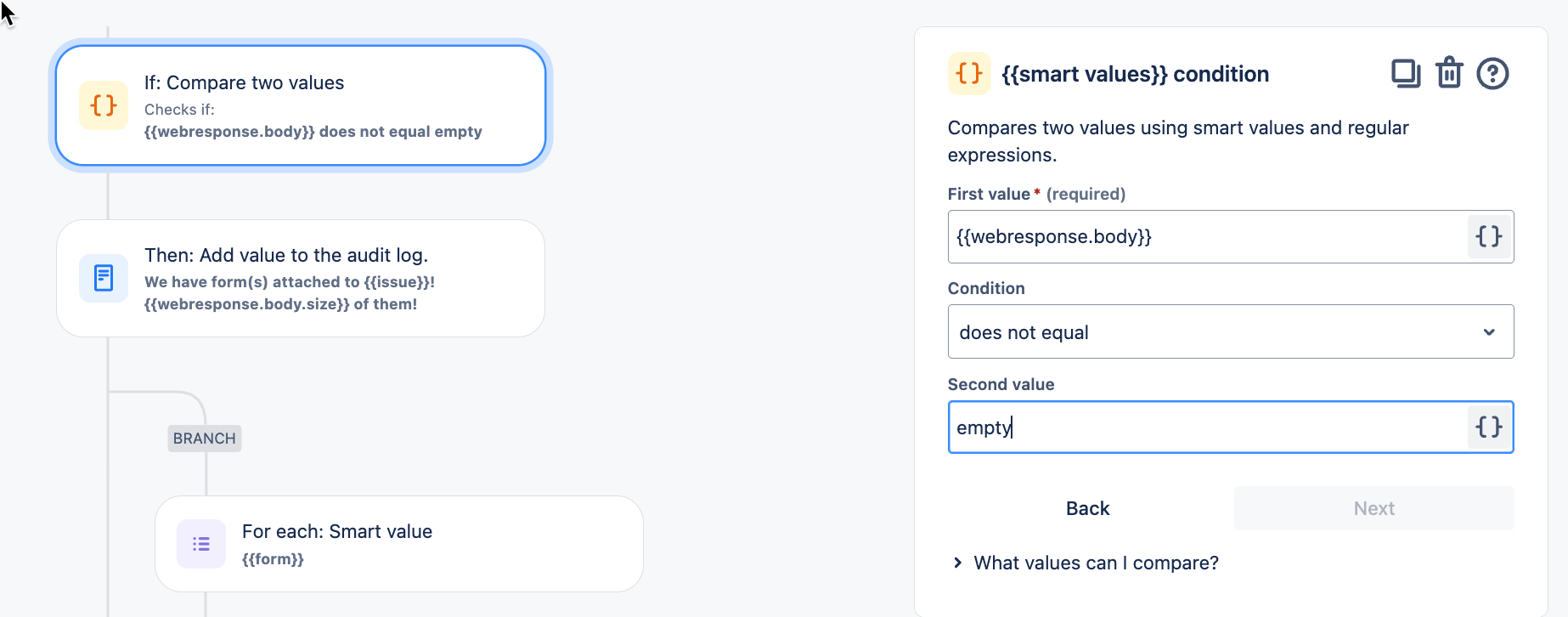 A screenshot of a rule configuration in a workflow automation tool. The rule compares two values: {{webresponse.body}} and empty. If the web response body is not empty, a value is added to the audit log.