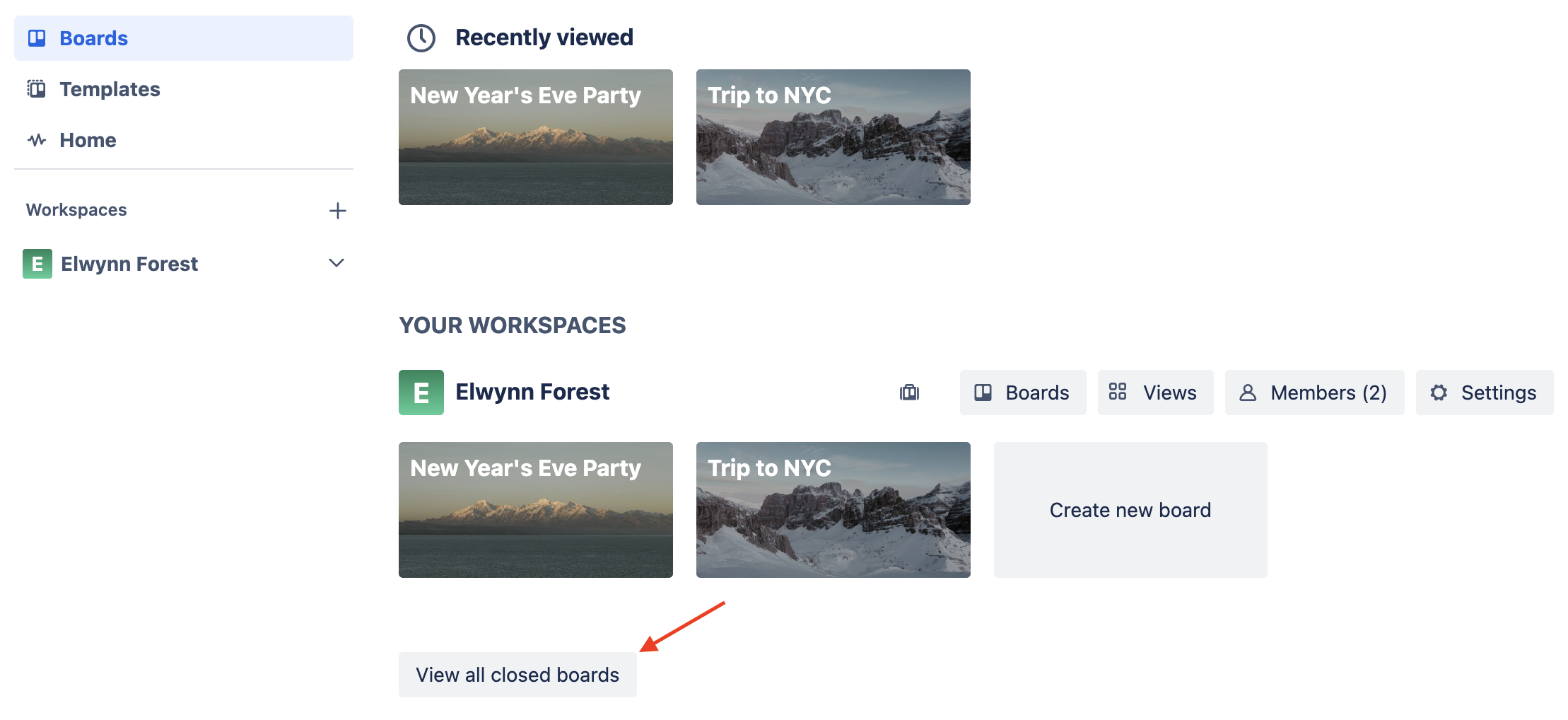 Board in Trello with the View All Closed Boards option emphasized