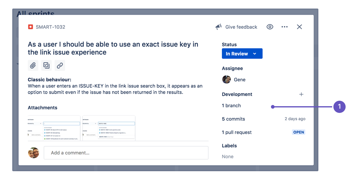 The Jira issue details view, with a section called Development. The issue has 1 branch, 8 commits, and 1 pull request